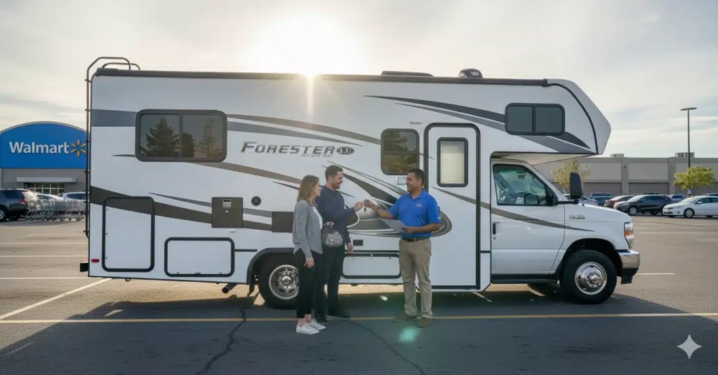 couple picking up an RV for their roadtrip a couple at a walmart parking lot in front of an RV while a latino man hands him the keys