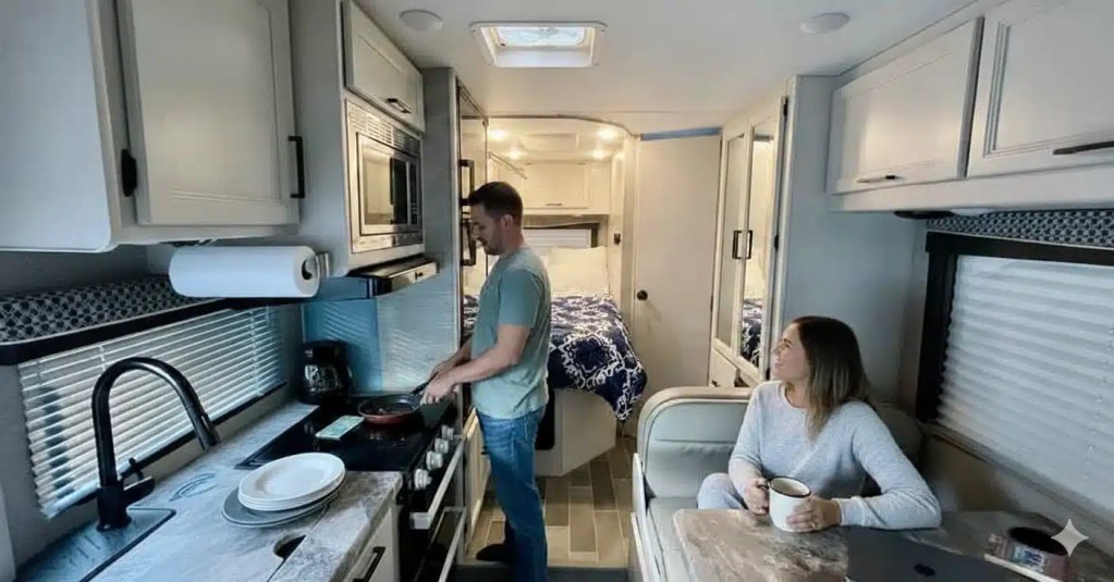 Couple having breakfast in an RV A man cooking in and rv and a woman sitting at the dinette with a cup of coffee