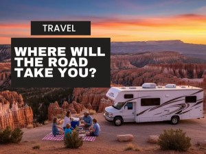RV park overlooking bryce canyon during sunset with a family having a picnic